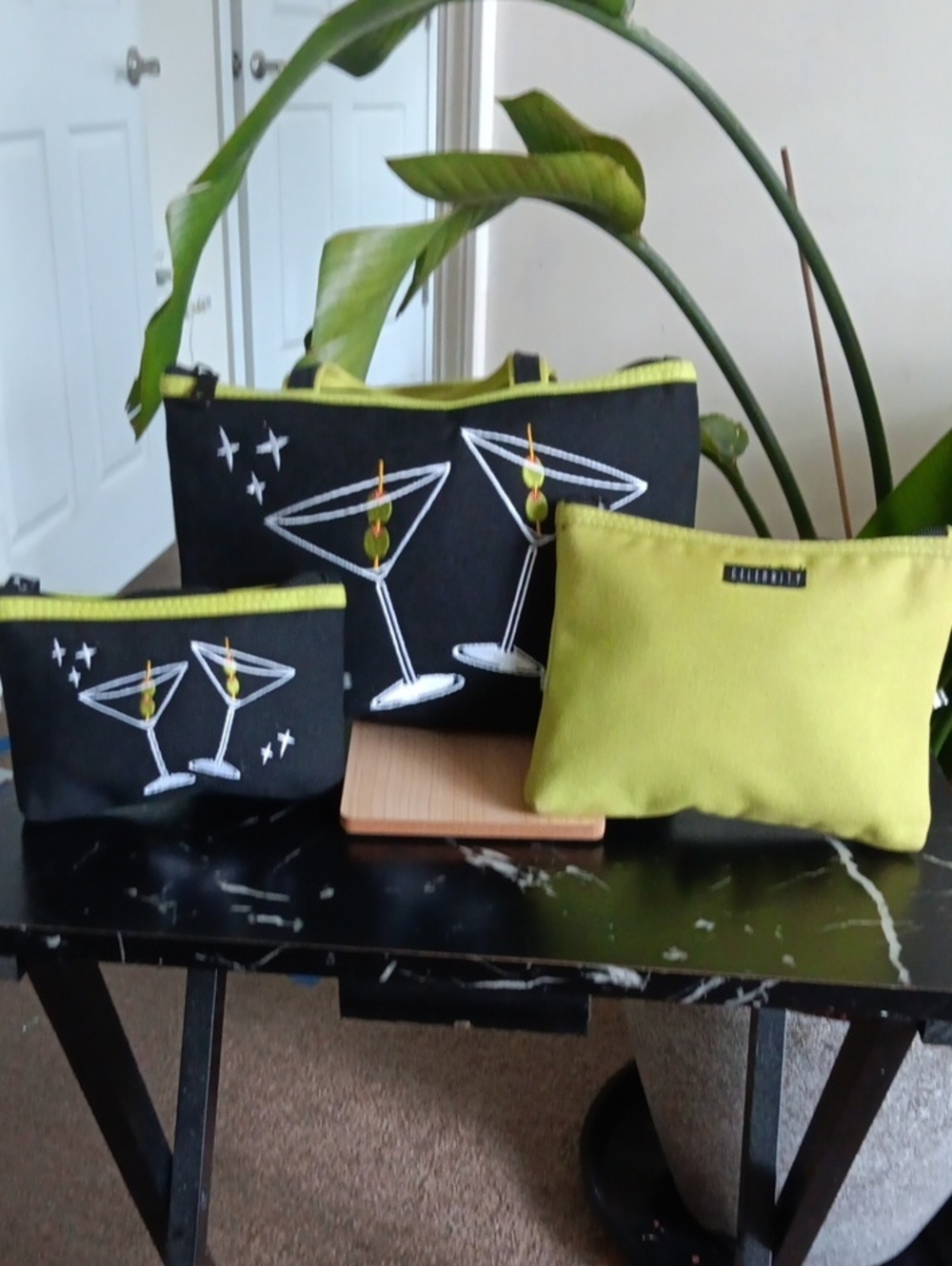 Black and Lime Green Cocktail Martini Cosmetic Bag Set